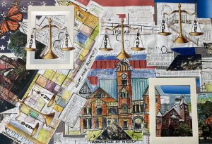 Michael Green art for Ron Bane featuring elements of the Monongalia County Courthouse and themes of Morgantown, crime and justice.